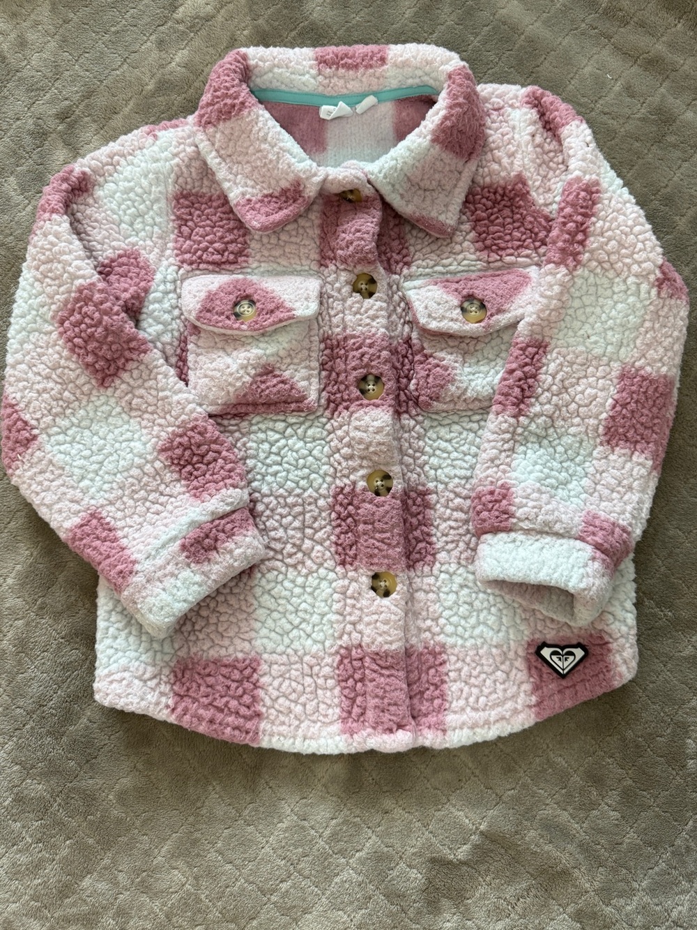 Roxy Pink & White Sherpa Plaid Button-Front Jacket